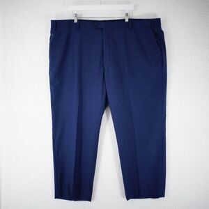 Pronto Uomo Wool Polyester Spandex Blue Herringbone Flat Front Dress Pants 48/27